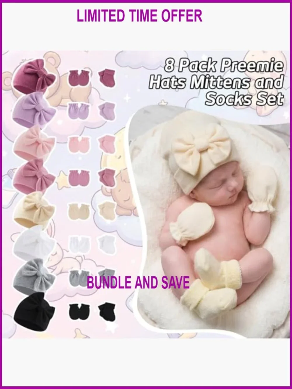 Preemie Hats Mittens Socks Set 8 Pack Cotton NICU Newborn Essentials